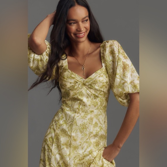 🆕(NWT) HUTCH Printed Twist-Front Puff-Sleeve Ruffle-Hem Dress Size M. - Picture 2 of 7